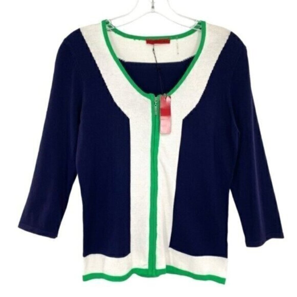 Navy Contrast Trim Zip Up Cardigan Jacket New Medium Office Business